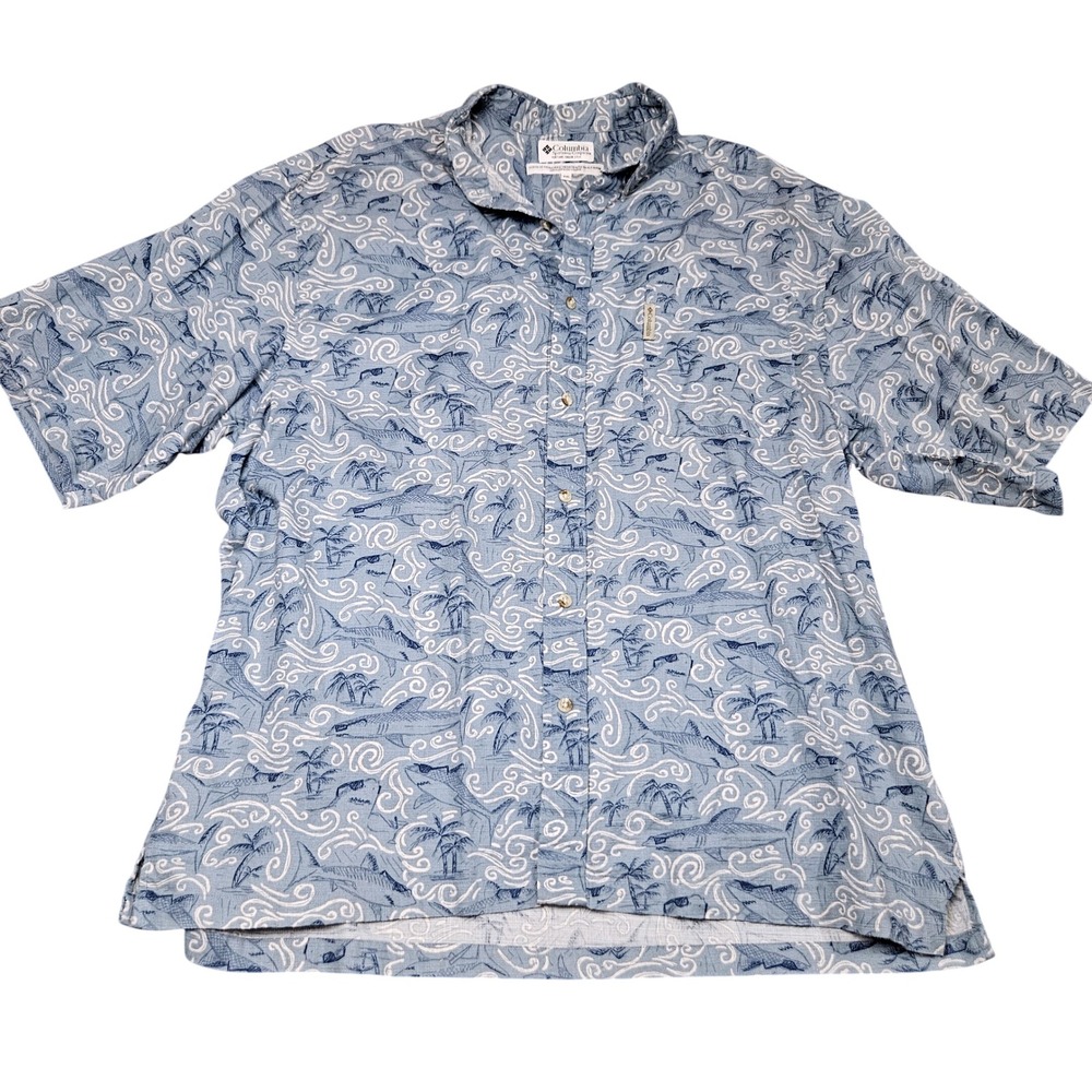 Columbia PFG Cotton Shirt XL Blue Hawaiian Ocean Fishing‎ All Over Print Outdoor
